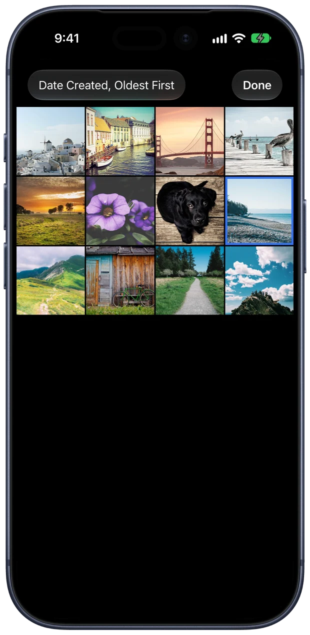 The whole folder as a grid of thumbnails, sorted by date created, oldest first